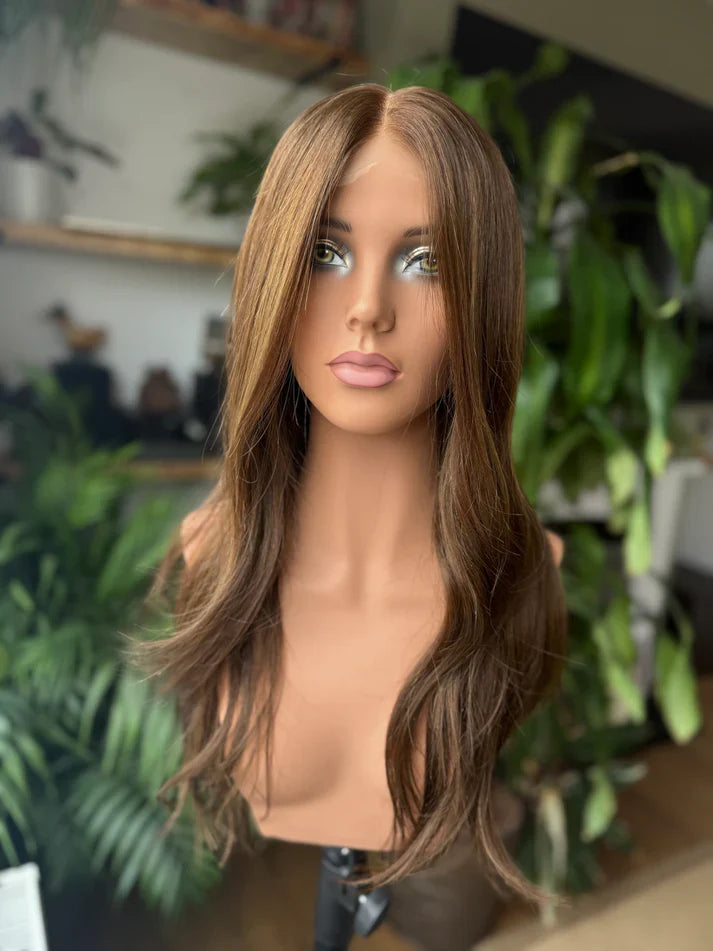 14-24inch Ash Brown Balayage Virgin Human Hair Mono Top Hand-Tied Wigs