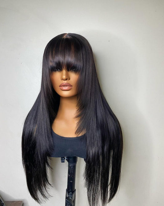 Black Layered Cut Straight With Bang 5x5 Closure Human Hair Wig