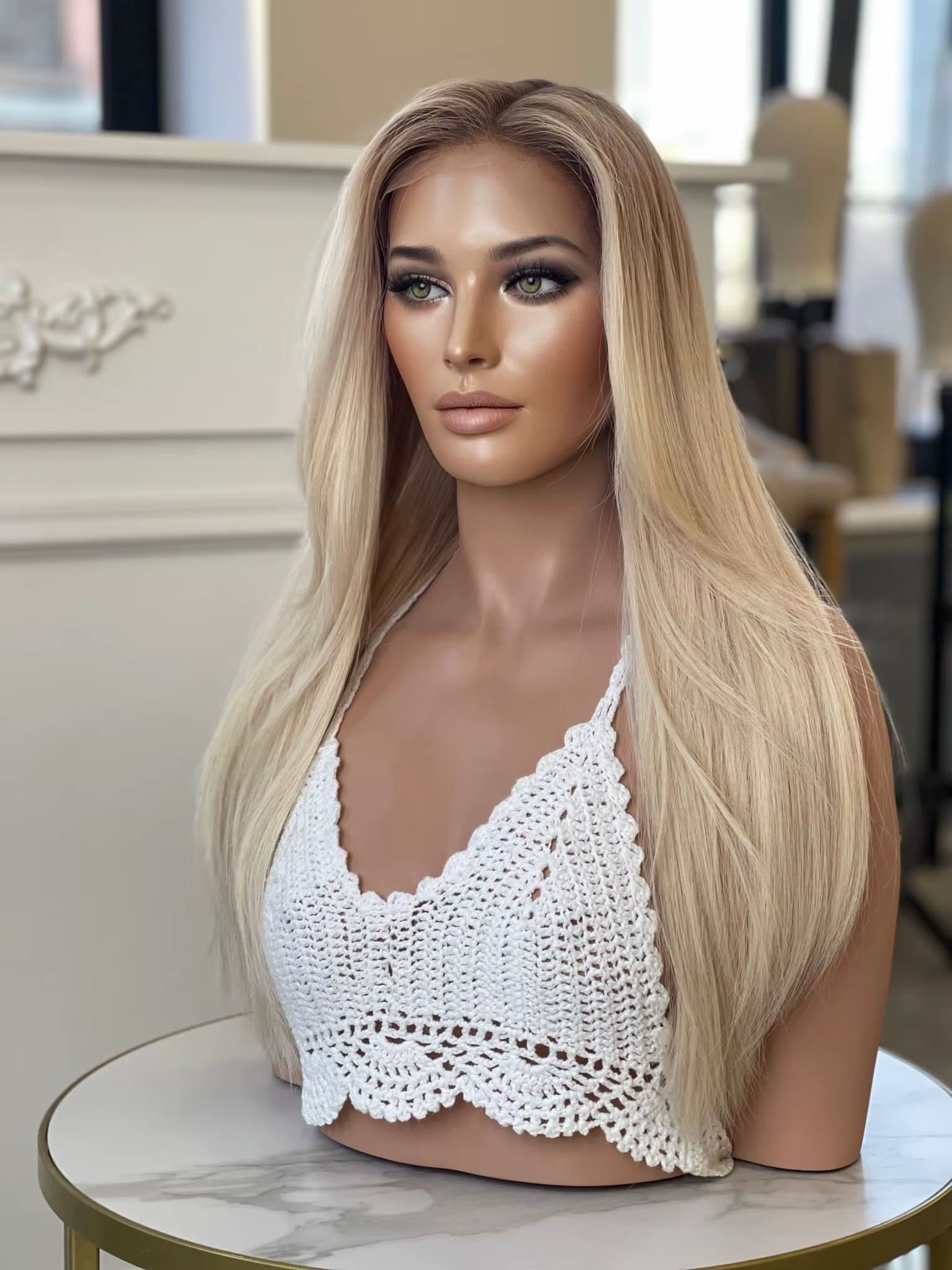 14-24 Inch Blended Blonde Virgin Human Hair Diamond Lace Top Fully Hand-Tied Medical Wigs
