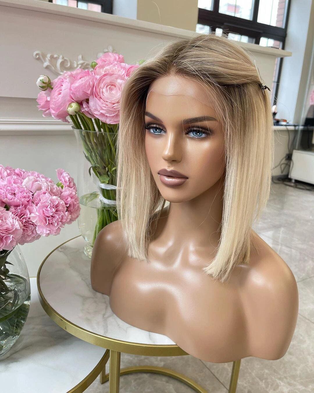 12-24inch Blonde Ombre Virgin Human Hair Silk Top Lace Hand-Tied Medical Wigs