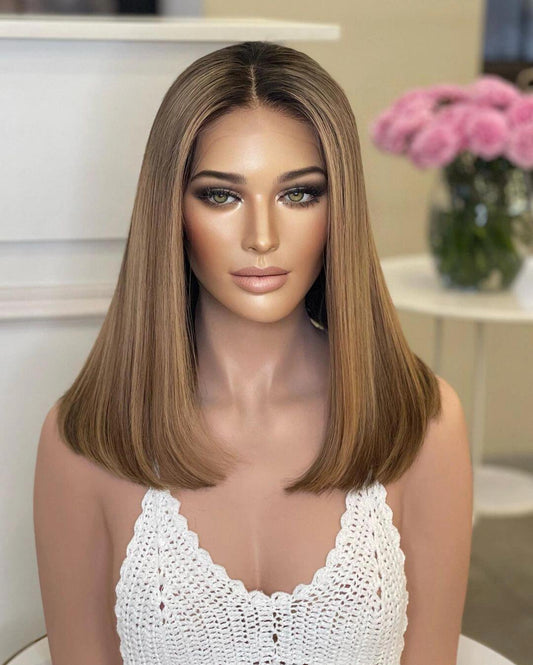 16-24inch Straight Cinnamon Brown Hand-Tied Lace Front Virgin Human Hair Wigs