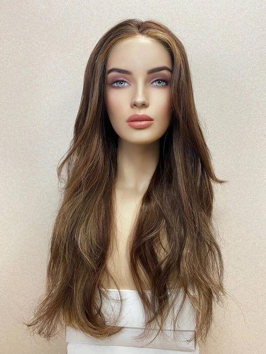 14-24inch Brunette Straight Virgin Human Hair Mono Top Fully Hand-tied Medical Wigs