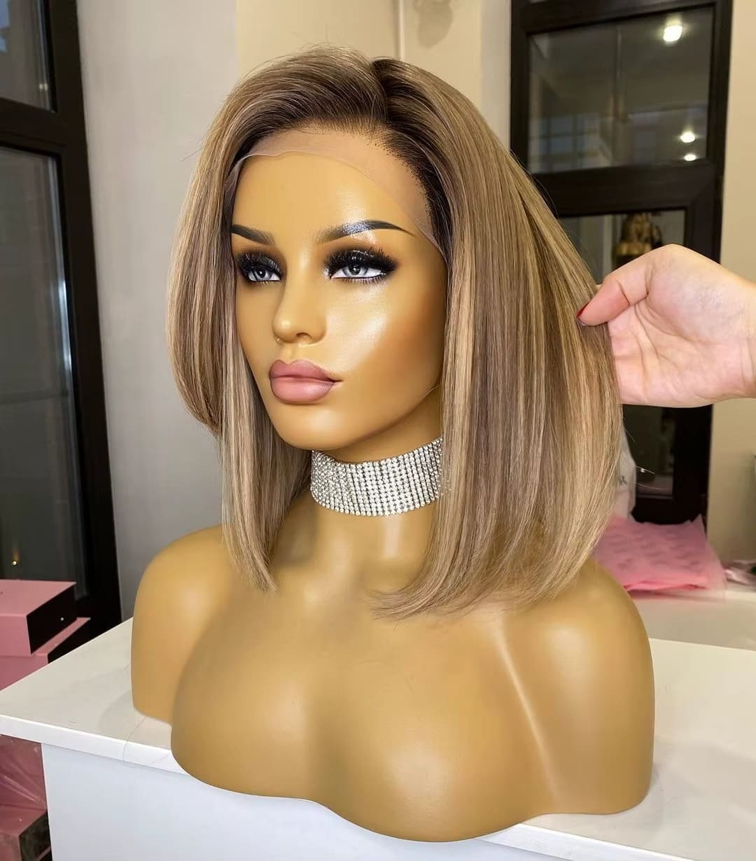 10-14inch Brown Hair With Blonde Highlights Virgin Human Hair Mono Top Hand-Tied Wigs